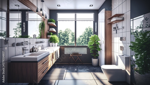 Interior of a modern large bathroom with plants  generative AI.