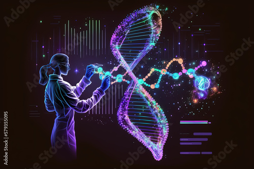 Doctor using tablet and check with analysis chromosome DNA genetic of human on virtual interface.Generative ai