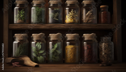 Aromatic spices and herbs, arranged in glass jars or ceramic pots on a wooden shelf, ready to be used in cooking