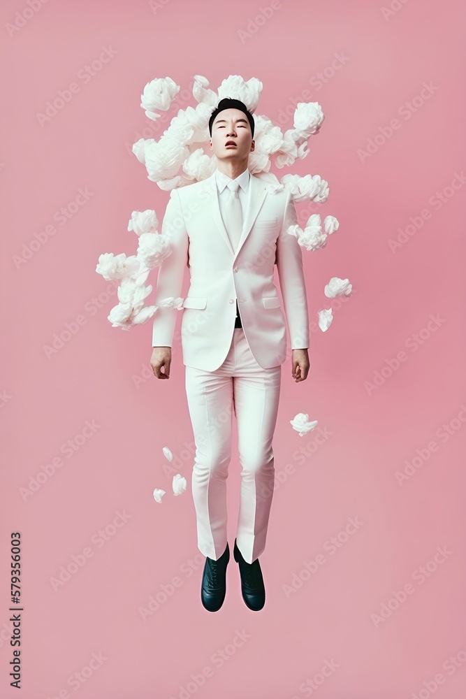 Spring abstract background, soft thick white clouds in the pastel pink air. Clear nature concept. Cloud explosion and man in suit. Generative AI.