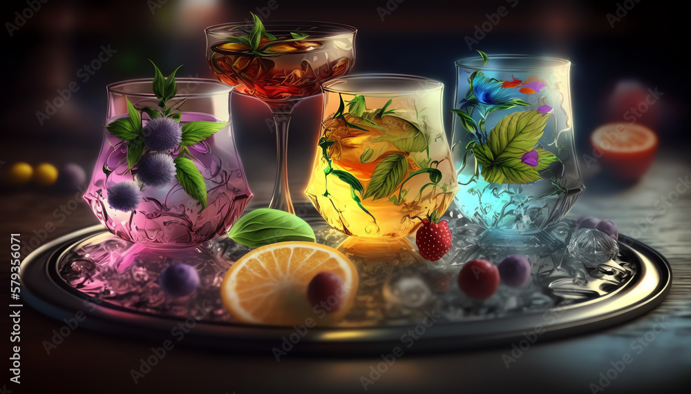 Refreshing beverages such as smoothies, fresh fruit juices, colorful cocktails, and flavored water, served in crystal glasses on a tray Refreshing beverages such as smoothies, fresh fruit juices, colorful cocktails, and flavored water, served in crystal glasses on a tray