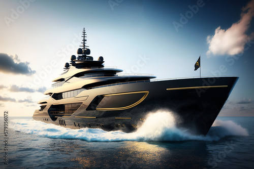 Black and gold luxury superyacht cruising in the boundless blue ocean. Generative AI