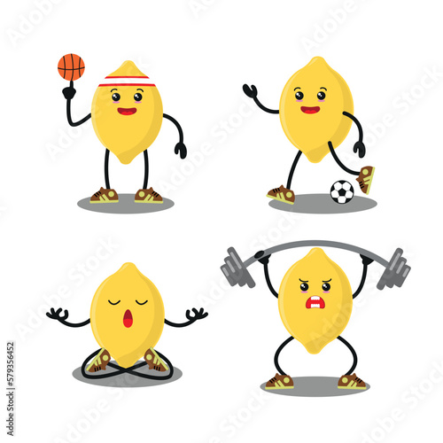 cute yellow lemon exercise different sport activity vector illustration