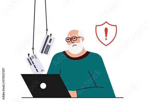 A frustrated and sad man looks into a computer in which a hacker and thief steals his card data and social networks. hack attack. internet phishing. A thief on a website online on the internet vector