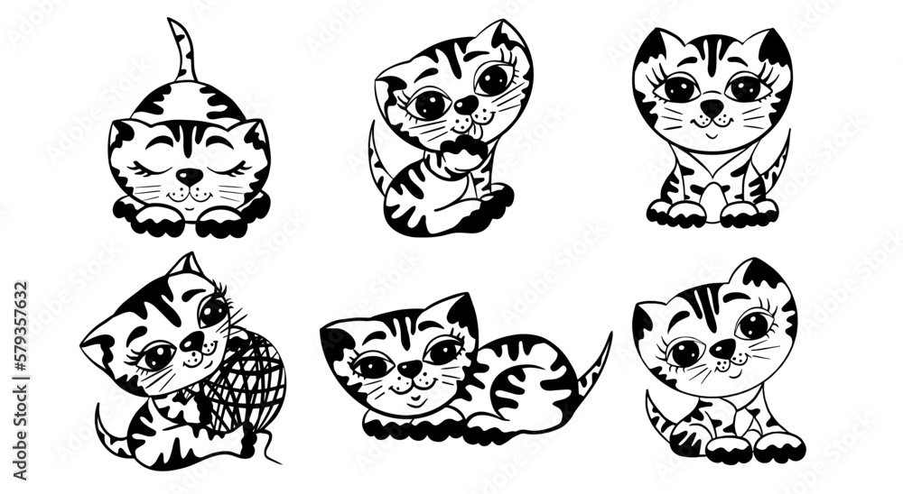 A collection of cute tabby kittens in black and white, a set of six striped cats in various poses, cat icons set