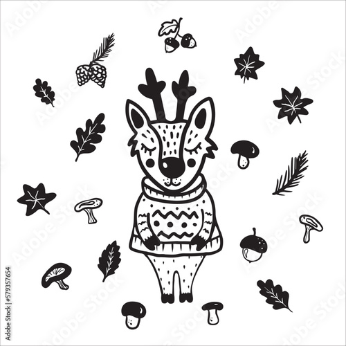 Funny forest animal doodle  a deer character wearing a cozy sweater  Scandinavian-style animal with autumn doodles  mushrooms  leaves  pine cones  acorns
