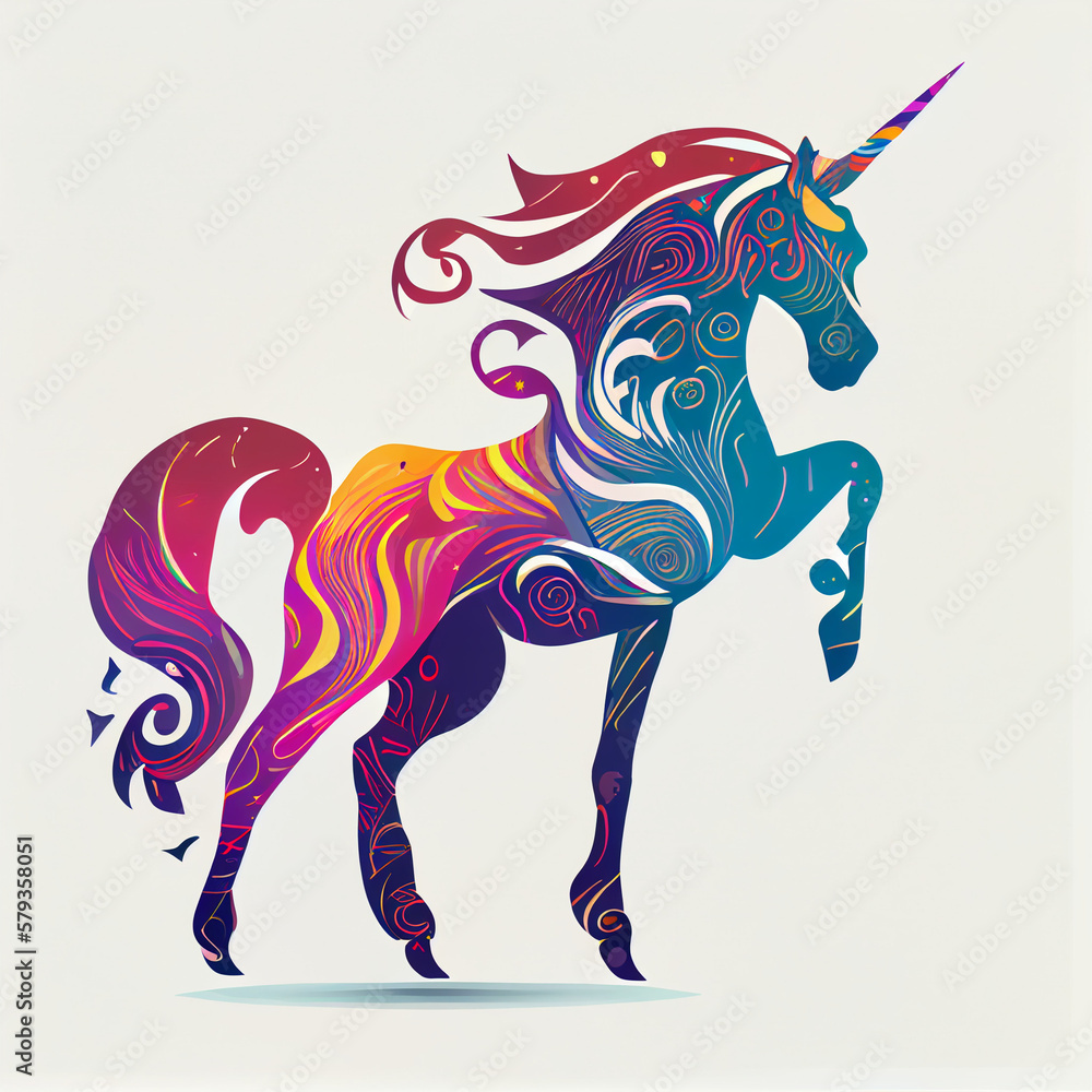 Obraz premium colorful unicorn, cartoon style, flat design, generative ai