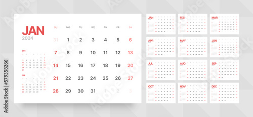 Monthly calendar template for 2024 year. Wall calendar grid in a minimalist style. Week Starts on Sunday. 
