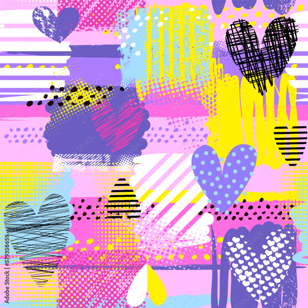 Abstract seamless chaotic pattern with urban geometric elements, scuffed, drops, hearts, stars, sprays and British flag. Grunge neon texture background. Wallpaper for girls. Fashion style 