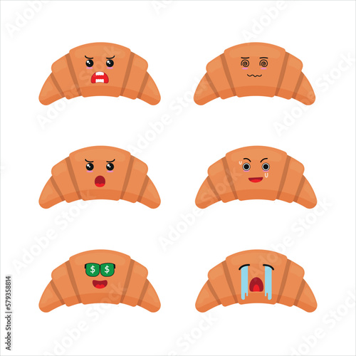 cute sweet croissant different face expression vector illustration.