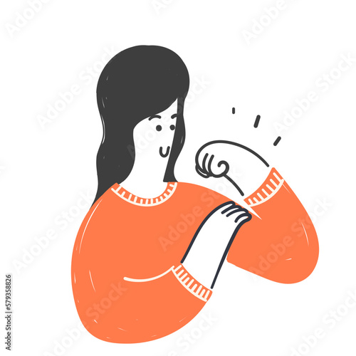 hand drawn doodle woman showing woman bicep muscle strength illustration
