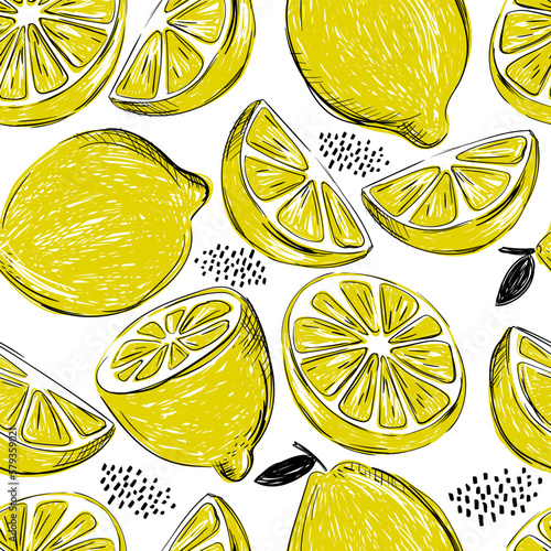 Seamless vector pattern with yellow lemon. Hand drawing print.  Fruit mix design for fabric and decor 