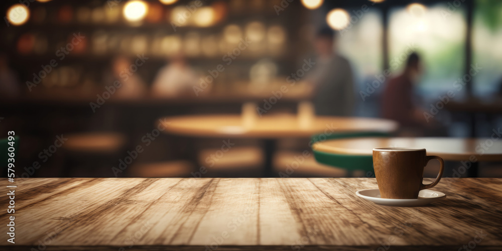 An empty wooden counter table top for product display in a coffee shop or bar. Generative ai An empty wooden counter table top for product display in a coffee shop or bar. Generative ai