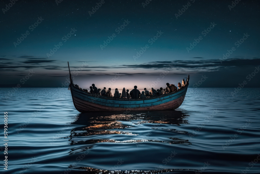 crowd of migrants and refugees on boat at night. illegal inmigration. generative ai - obrazy, fototapety, plakaty 
