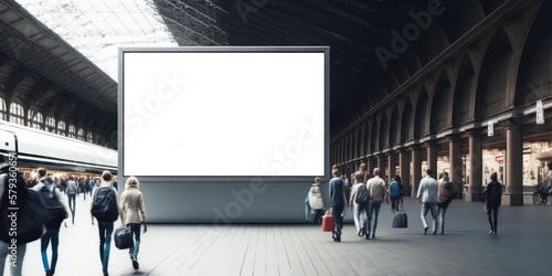 An empty blank billboard or advertising poster in a train station with blurred people. Generative ai photo