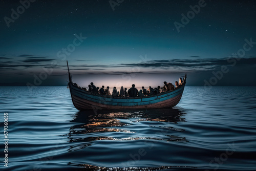 crowd of migrants and refugees on boat at night. illegal inmigration. generative ai