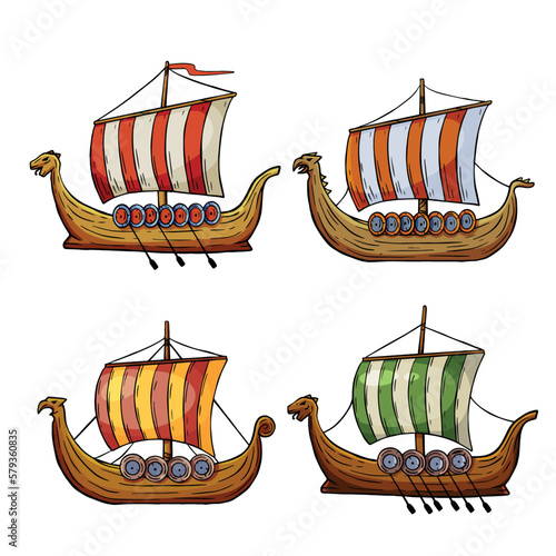 Viking boat. Nordic Drakkar, Swedish warship. Longship with oars. Cartoon scandinavian sailboat