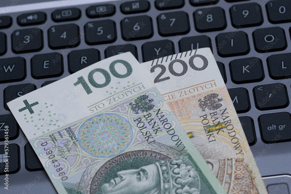 Dwa polskie banknoty położone na klawiaturze laptopa Dwa polskie banknoty położone na klawiaturze laptopa