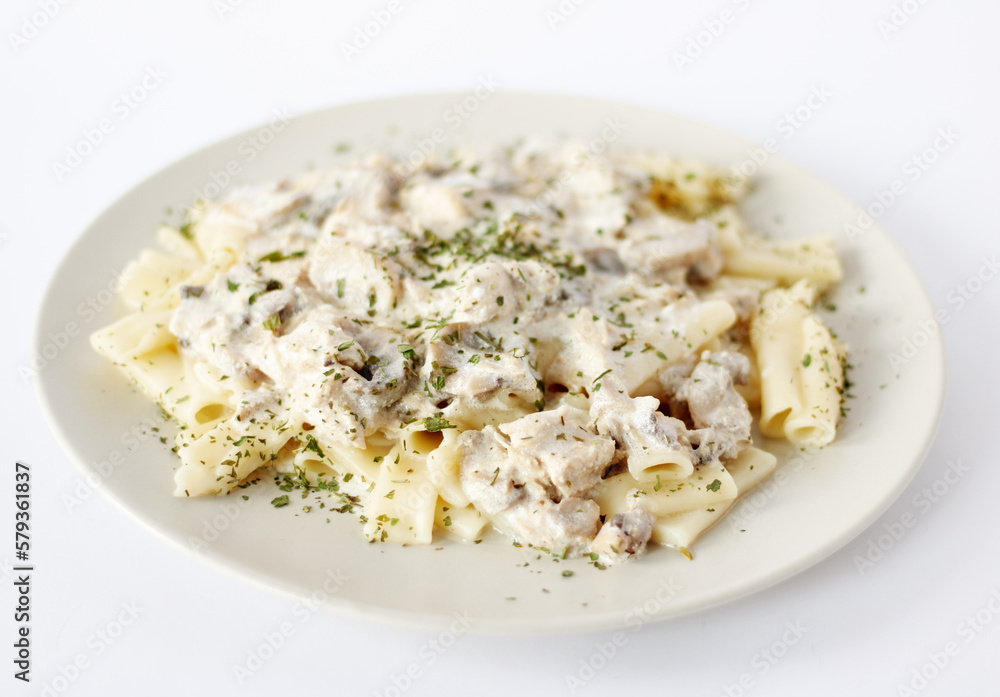 Pasta with chicken and mushrooms in creamy cheese sauce on a white background Pasta with chicken and mushrooms in creamy cheese sauce on a white background