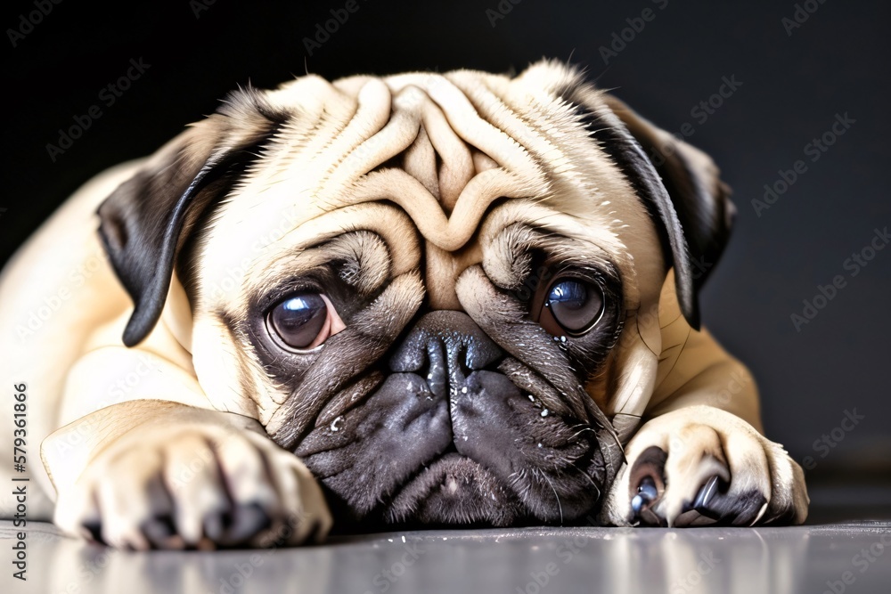 Cute Beautiful Sad Pug Dog Portrait Close Up. Generative ai