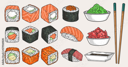 Sushi rolls set colorful stickers
