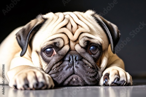 Cute Beautiful Sad Pug Dog Portrait Close Up. Generative ai © Creative Journey