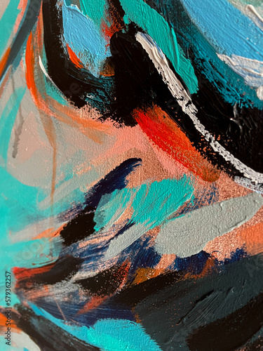 Texture: brush strokes of acrylic paint. Turquoise, blue, black, orange, white, gray, pastel colors. Painting. Abstract pattern wallpaper background	