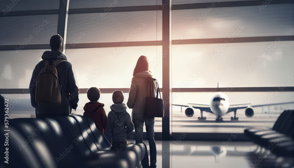 Waiting area with seats in airport terminal. Generative AI Waiting area with seats in airport terminal. Generative AI