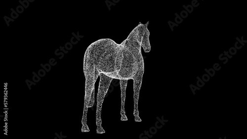 3D horse rotates on black bg. Object dissolved white flickering particles 60 FPS. Business advertising backdrop. Science concept. For title, text, presentation. 3D animation.