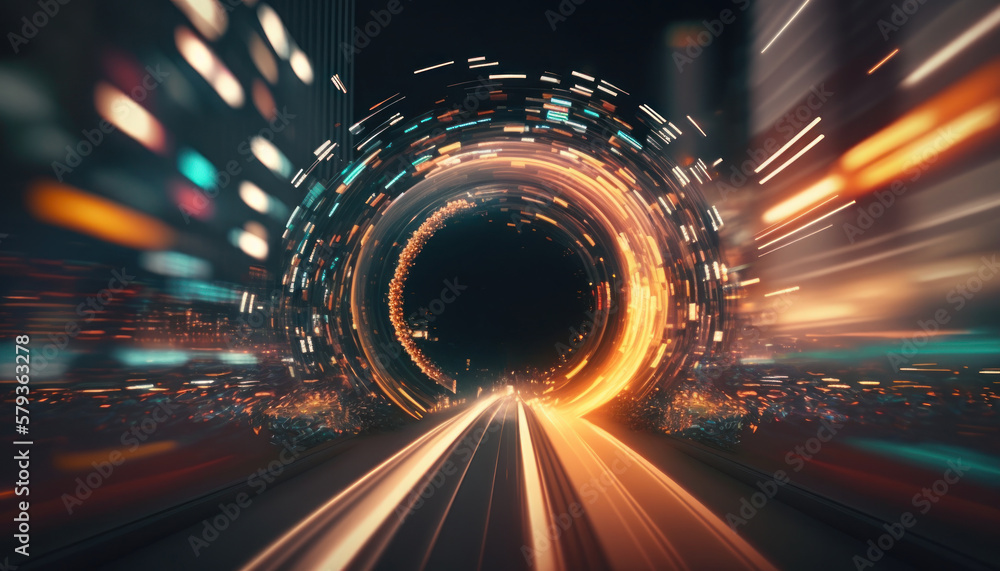 Warp Speed Metropolis: A vibrant vortex of data streaks through a ...