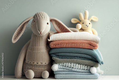 Wallpaper Mural Stack of folded wool knitted baby clothes or blankets and knitted rabbit. Generative AI. Warm cozy clothes. Torontodigital.ca