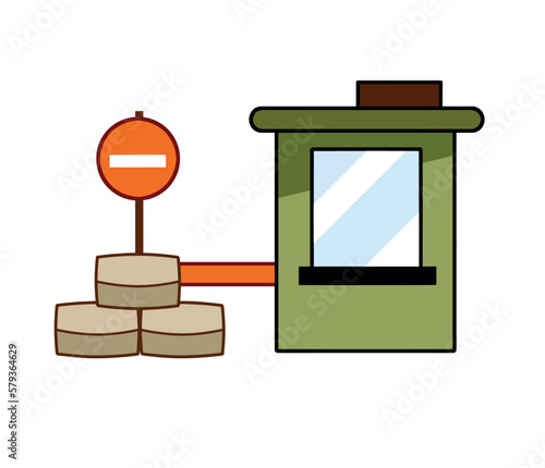 Border post. Checkpoint. Fortified building of military base. Wall of sandbags. Flat cartoon isolated on white background