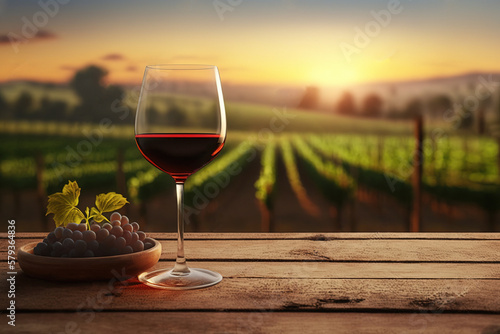 Red wine in a glass, vineyard in the background. Generative AI.