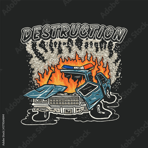 cop illustration car graphic fire design destroyed vintage fire black background