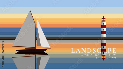 sailboat passes by a lighthouse minimal landscape vector illustration background