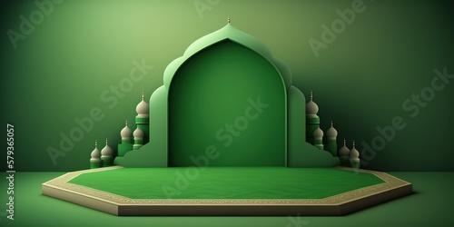empty green soft pastel podium ramadhan background islamic ornament on green carpet background