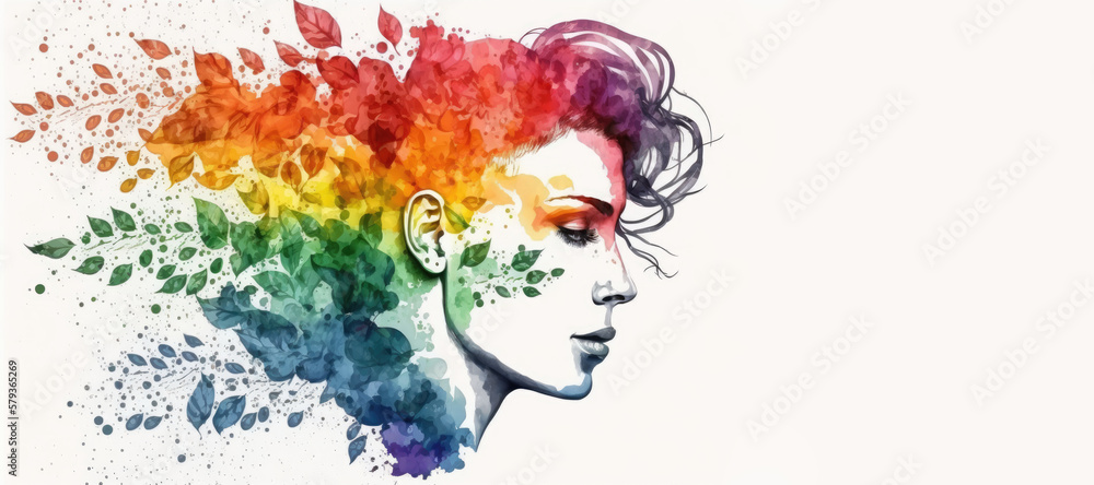 Non-binary gender person watercolor painting style banner for LGBT Pride Day created using Generative AI.