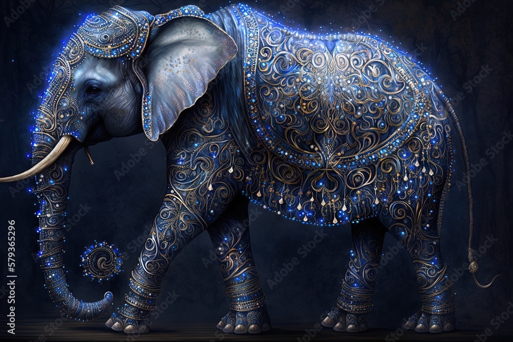 Fototapeta premium The Majestic Sapphire Elephant: An Enticing Fantasy Illustration Generative AI