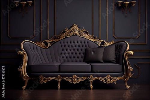 Black gold sofa with a vintage feel against black walls. Generative AI, Generative, AI