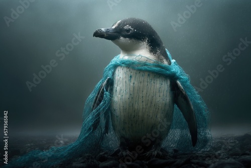 Conceptualization of marine plastic pollution and the need to conserve natural resources a penguin caught in a plastic net. Generative AI