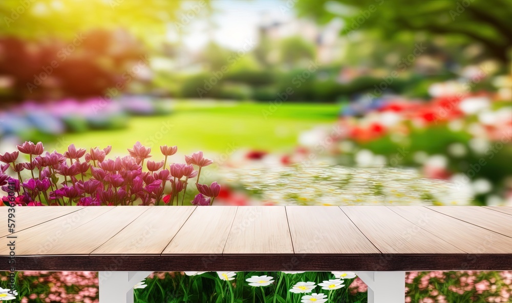 a wooden table with a view of a flower garden in the background. generative ai a wooden table with a view of a flower garden in the background. generative ai