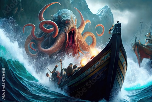 Kraken the giant octopus under the deep sea attacking and sinking the ship background. Digital art illustration. Mythical fantasy creatures concept. Generative AI