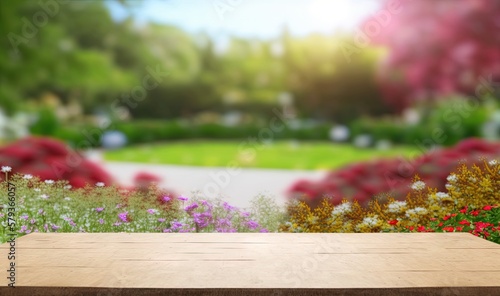  a wooden table sitting in front of a lush green park.  generative ai