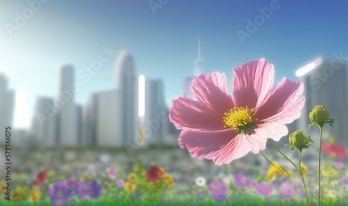  a pink flower in a field with a city in the background.  generative ai