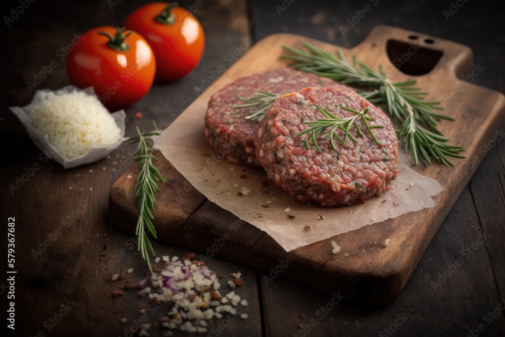 To prepare steak cutlets. Patties made with ground meat and a bowl of minced meat. Onion, garlic, rosemary, thyme, tomato, pepper, and oil are what you'll need to make minced meat. Tender ground beef