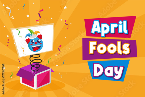 April fools day with box surprise, clown and balloon. Laugh icon vector illustration, poster or banner background and copy space.
