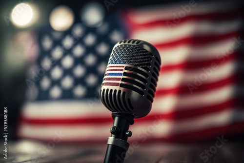 Fototapete American propaganda concept with a microphone and flag on the background, ai generated