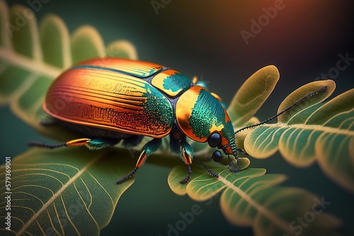 Close-Up of a Leaf Beetle Crawling on a Plant, Ai Generated
