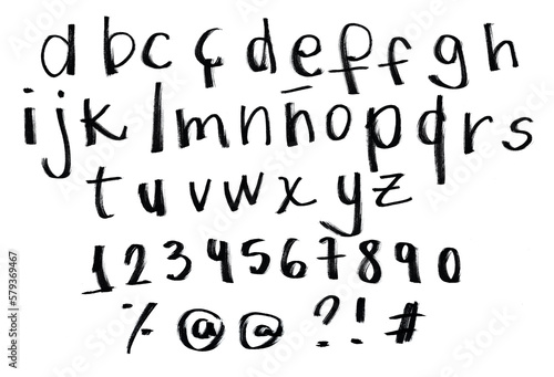 Handwritten alphabet and numbers with marker pen brush. 26 letters a to z. Writing with thick thickness, stripped and relaxed. Hand drawn, graphic resource, layout, design. Complete font, abc type.