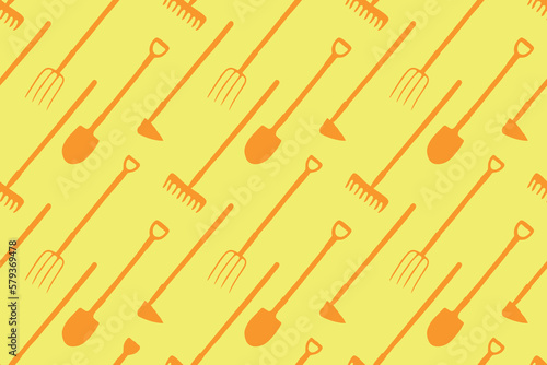 Seamless pattern with garden equipments: shovels, spades, rakes, hoes, pitchforks. Vector backgrounds and textures with tools for working on the farm, in dacha, country site in flat style
